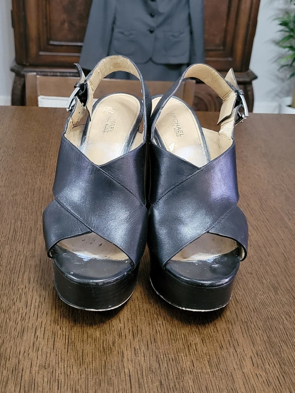 Michael Kors Black Leather Platform Peep-Toe Slingback Heels